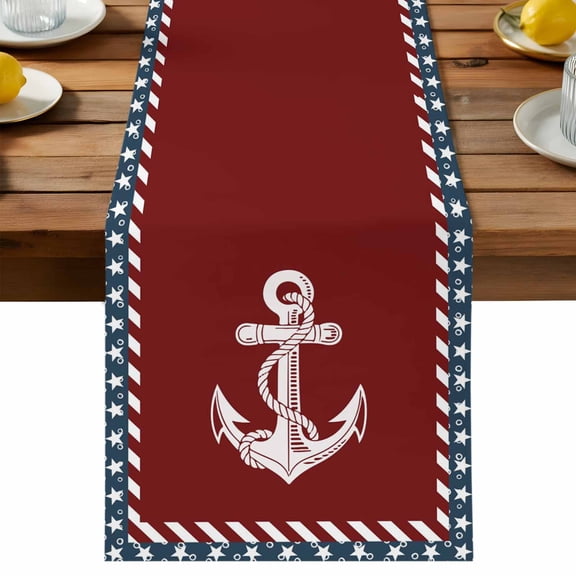 Nautical Anchor Table Runner 60 Inch Long Dresser Scarves Linen Tablerunners Red Navy Blue Coastal Stars Ocean Dining Kitchen Burlap Table Setting Decor for Wedding Party Holiday Coffee Home, 13"x60"