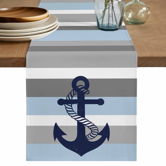 Nautical Anchor Table Runner 72 Inches, Ocean Grey Blue Stripes Modern Simplistic Bed Runner Dresser Scarves Tabletop for Indoor Outdoor Parties/Ceremony/Banquet, 13" x 72"