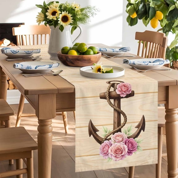 Nautical Anchor Table Runner, Retro Pink Rose Flower Brown Wood Striped Washable Kitchen Table Runners Dress Scarves for Dining Table Decorations Party/Restaurant/Indoor Outdoor Use, 13x36in