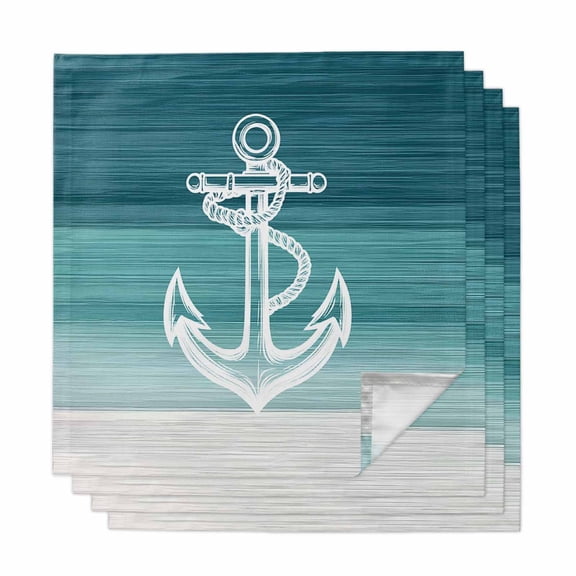 Nautical Anchor Teal Green Cloth Napkins, Coastal Ocean Ombre Striped Washable and Reusable Dinner Napkins Set of 4, Table Napkin for Kitchen Party Birthday Wedding Hotel Housewarming 20"x20"