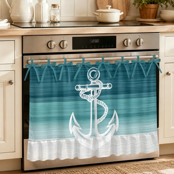 Cream Ruffle Ribbon Nautical Anchor Teal Green Oven Skirt Curtain, Oven Door Curtain with 8 ...