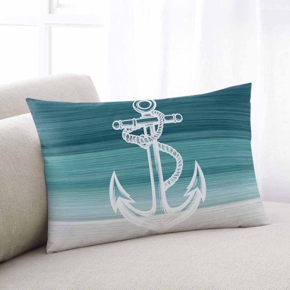Nautical Anchor Teal Green Queen Size Pillow Cover, Pillowcase Protectors with Zipper, Breathable Decorative Throw Pillow Case Cover, Coastal Ocean Ombre Striped Pillow Shams for Couch Sofa 20x30Inch