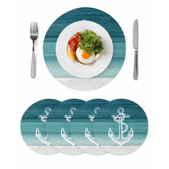 Nautical Anchor Teal Green Round 15 Inch Placemats Set of 4, Coastal Ocean Ombre Striped HeatResistant Non Slip Place Mats for Dining Table, Wipeable Braided Kitchen Table Mats for Housewarming
