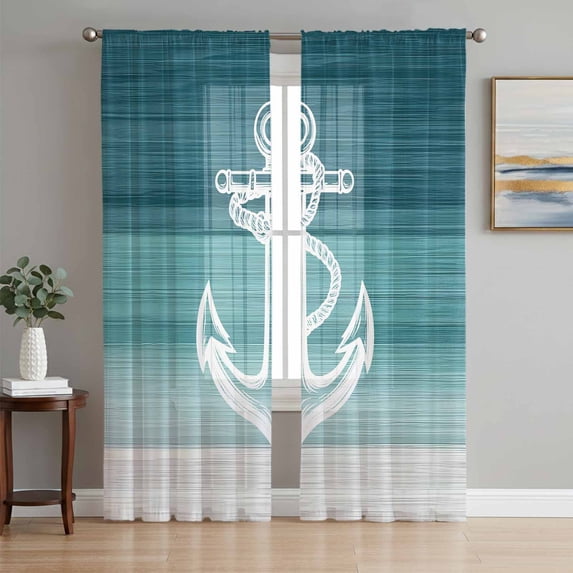 Nautical Anchor Teal Green Semi Sheer Curtains 108 Inch Length 2 Panels Set, Coastal Ocean Ombre Striped Sheer Kitchen Curtain Privacy Voile Window Curtain for Living Room Bedroom Rod Pocket Drapes