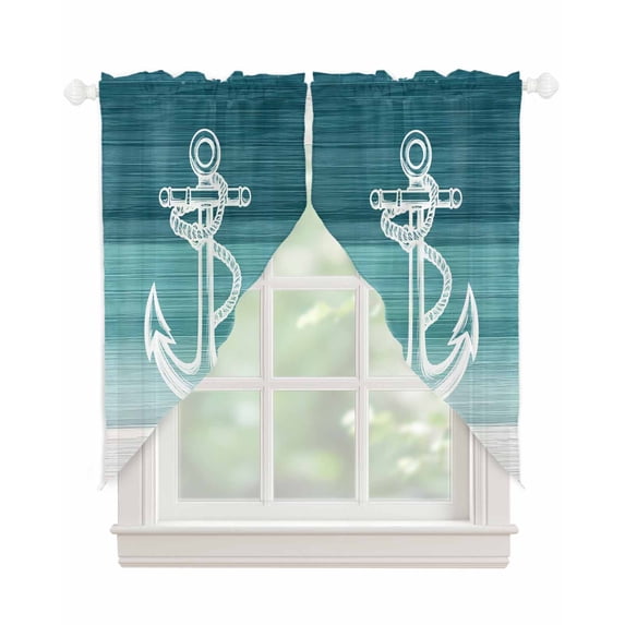 Nautical Anchor Teal Green Swag Valances for Windows, Coastal Ocean Ombre Striped Rod Pocket Sheer Valances for Large Windows, Swag Toppers Light Filtering for Kitchen Living Room 2 Panels 36''x63''