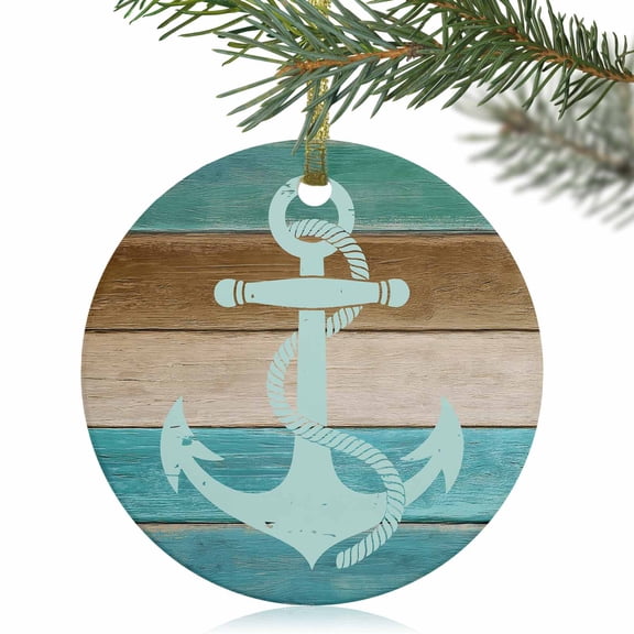Nautical Anchor Teal Wood Board Christmas Ceramic Ornament 2025,3" Round Xmas Tree Hanging Accessories with Gold Ribbon