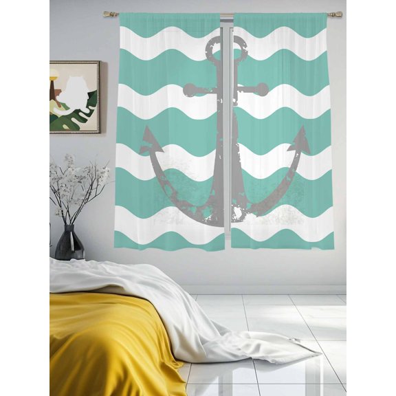 Nautical Anchor Teal Zigzag Ripple Chevron Chiffon Sheer Curtains 63 Inches Long Grey Anchors Summer Ocean Theme Rod Pocket Window Curtains Voile Drapes Curtains for Living Room Bedroom,2 Panels