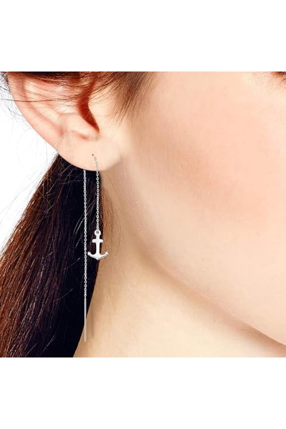 Nautical Anchor Threader Earrings in 925 Sterling Silver | Contemporary Slide-Through Jewelry for Women | Casual Gift