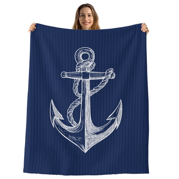 Nautical Anchor Throw Blanket, Flannel Fleece Blanket with Striped Design for Couch, Navy Blue Coastal Marine Minimalist Rope Soft Breathable All Season Plush Blankets for Sofa Office Chair 30"x40"