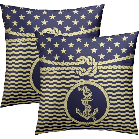 Nautical Anchor Throw Pillow Covers 18x18 Set of 2 Navy Glod Stripe Decorative Throw Pillows Covers Ocean Theme Outdoors Decorative Cushion Case for Bed Couch Sofa Home Decorative