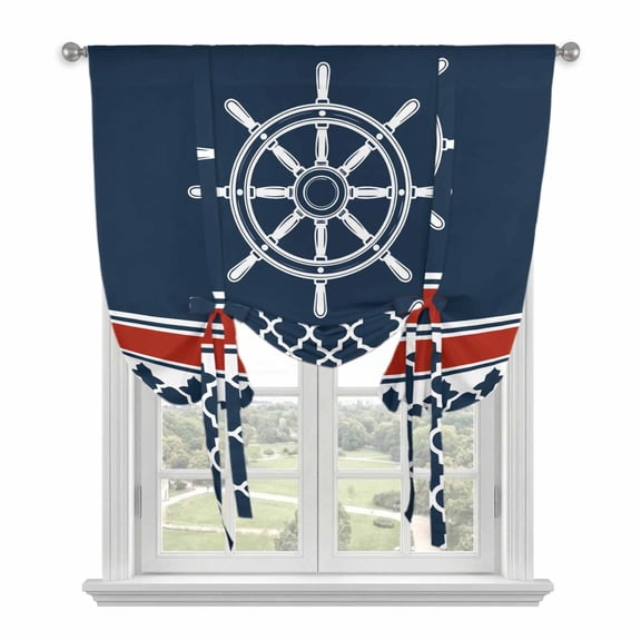 Nautical Anchor Tie Up Curtain for Window, Nautical Anchor Red Stripe Plaid Navy Blue Adjustable Tie Up Balloon Curtain Valances Rod Pocket Window Treatment for Kitchen Bathroom Bedroom 52"x63"