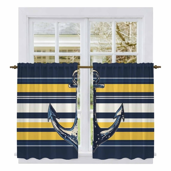Nautical Anchor Tier Curtains, Navy Blue Yellow Striped Farmhouse Ombre Light Filtering Kitchen Curtains, 2Pcs Rod Pocket Half Window Treatments Panels for Sink Cafe Cabinet Basement 27.5x45 Inches