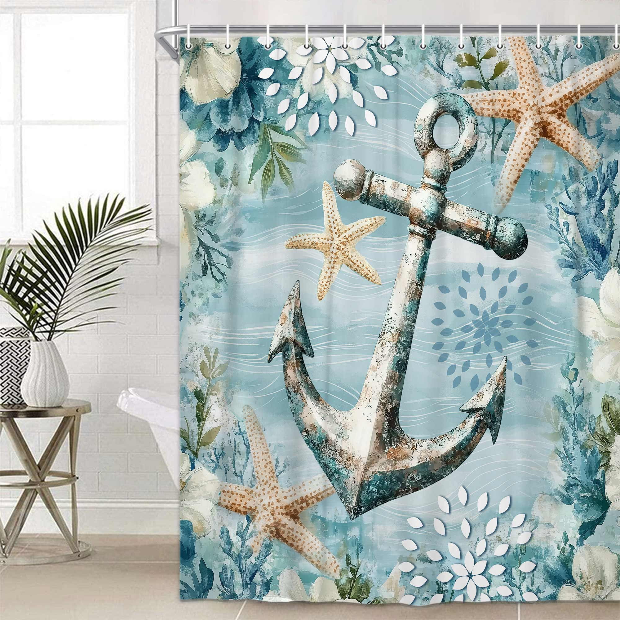 Nautical Anchor Turquoise Shower Curtain, Blue Ocean Beach Theme Seashell Nautical Rustic Decorative Bathroom Curtain, Vintage Retro Fabric Waterproof Shower Curtain Set with Hooks, 48X70in