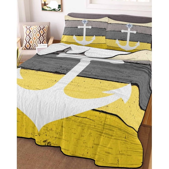 Nautical Anchor Twin XL Size Down Alternative Comforter, Lightweight Comforter Quilt Bedding Set with Pillow Shams Yellow Gray Gradient Wooden Grain All Seasons Bed Comforter Duvet Insert 68"x98"