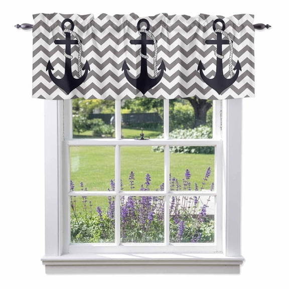Nautical Anchor Valance Curtain Gray Chevron Striped Abstract Geometric Window Valances Rod Pocket Short Curtains Window Treatments for Kitchen Bedroom Bathroom Laundry 56" x 16"