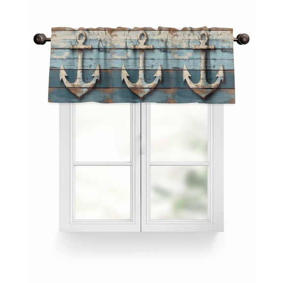 Nautical Anchor Valances for Windows Vintage Style Blue Wood Grain Valance Rod Pocket Light Filtering Short Window Treatments Curtains for Kitchen Bathroom Living Room Bedroom, 1 Panel, 42 x 12 Inch