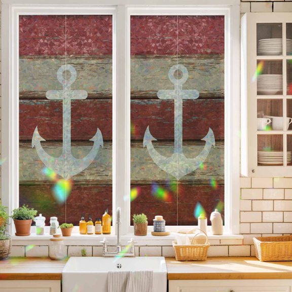 Nautical Anchor Vintage Plank Window Privacy Film,Decorative Windows Static Cling Red Brown Wood Board Heat Control Removable Glass Sticker for Home Bathroom Bedroom Window Door,17.7x39.3in