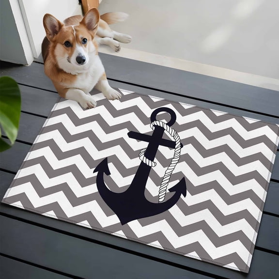 Nautical Anchor Washable Area Rug 2x3 Gray Chevron Striped Abstract Geometric Low-Profile Area Rugs with Non Slip Backing Indoor Floor Carpet for Entrance Living Room Bedroom Home Office