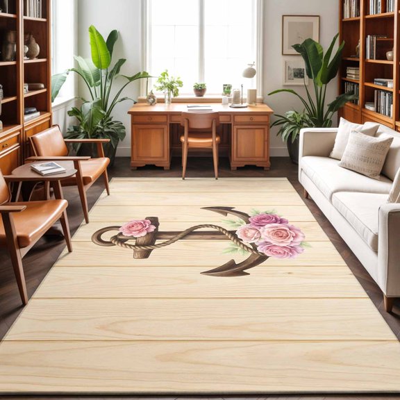 Nautical Anchor Washable Area Rug 9 x 12 ft Retro Pink Rose Flower Brown Wood Striped, Soft Non Slip Rugs Stain Repellent Indoor Felt Carpet for Living Dining Room Bedroom Home Office