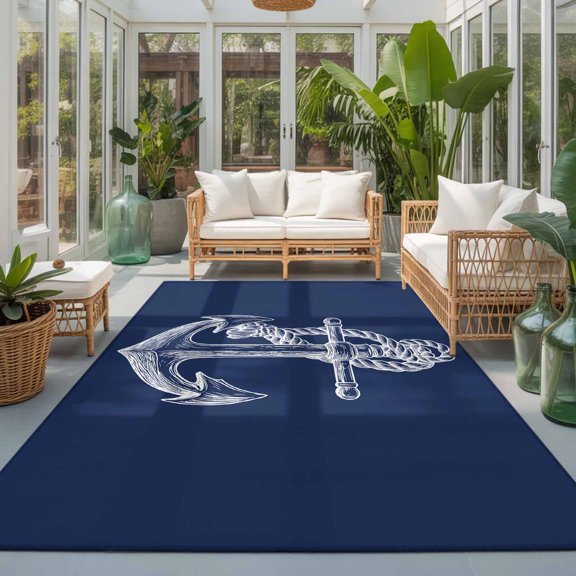 Nautical Anchor Washable Living Room Rugs 5'x8', Rope Knot Coastal Washable Throw Large Area Rug Non-Slip Sturdy Edge Binding Carpet for Living Area Kitchen Office