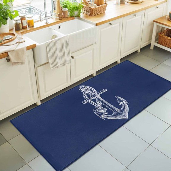 Nautical Anchor Washable Runner Rugs 2'x6', Rope Knot Coastal Washable Runner Rug Non-Slip Sturdy Edge Binding Carpet for Bedside Hallway Runner Kitchen Galley