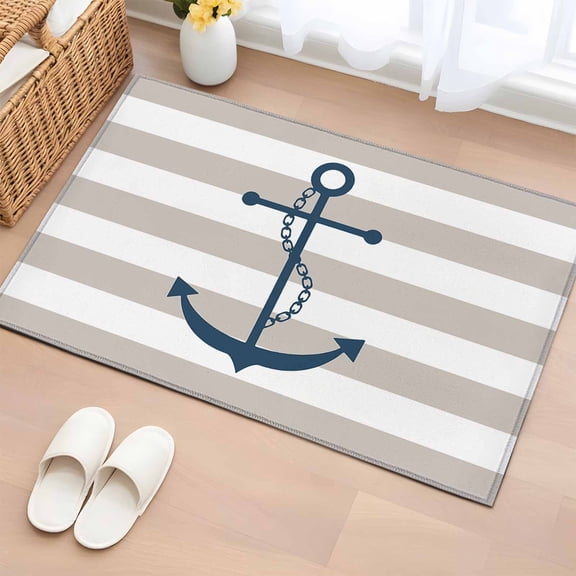 Nautical Anchor Washable Small Entryway Area Rugs 2'x3', Beige and White Striped Low Pile Throw Rug Non-Slip Sturdy Edge Binding Carpet for Front Door Floor Room Entry