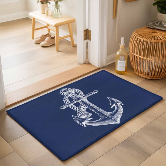 Nautical Anchor Washable Small Entryway Area Rugs 2'x3', Rope Knot Coastal Washable Throw Rug Non-Slip Sturdy Edge Binding Carpet for Front Door Floor Room Entry