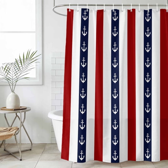 Nautical Anchor Waterproof Fabric Shower Curtain,Red Navy Blue White Stripe Geometric Waterproof Fabric Shower Curtain for Bathroom Curtains Bathtubs Shower Curtains with 12 Hooks Standard 72x72