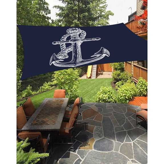 Nautical Anchor Waterproof Sun Shade Sail Knot Coastal Dark Blue Outdoor Patio Sun Shades Canopy UV Block Waterproof Sunshade for Garden Backyard Deck Pergola 6.5x10 Ft