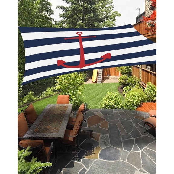 Nautical Anchor Waterproof Sun Shade Sail Navy Blue and White Striped Outdoor Patio Sun Shades Canopy UV Block Waterproof Sunshade for Garden Backyard Deck Pergola 6.5x10 Ft
