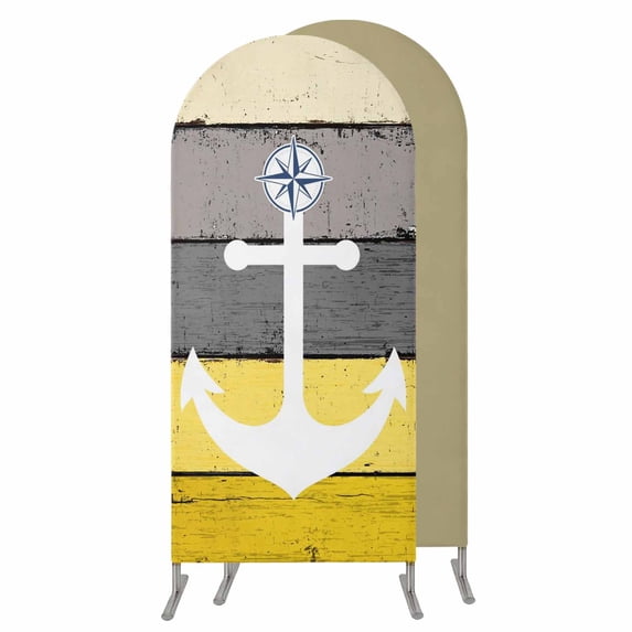 Nautical Anchor Wedding Arch Cover, Stretchy Spandex Arch Backdrop Stand Covers 6 FT, Yellow Gray Gradient Wooden Grain Round Top Arched Backdrop Cover for Birthday Party Ceremony Baby Shower Event