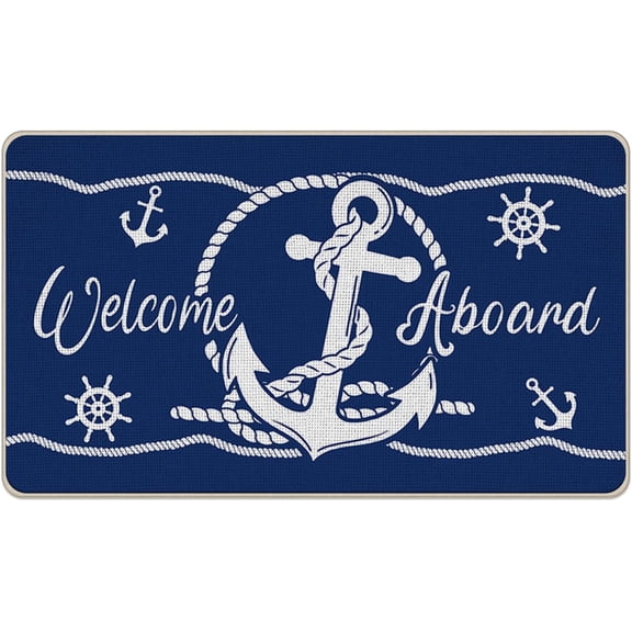 Nautical Anchor Welcome Aboard Front Door Mat, Navy Blue Coastal Beach Decorative Doormat Non-Slip Floor Entryway Rug, Rope Low Profile Indoor Outdoor Home Kitchen Decoration 17x29 Inches