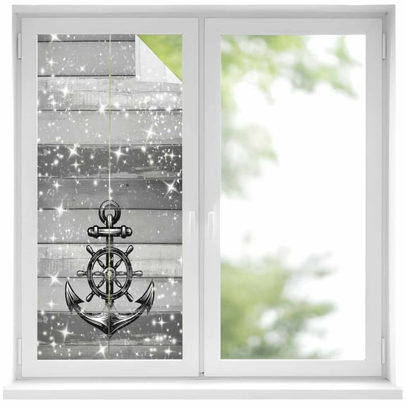 Nautical Anchor Window Privacy Film, Rudder Stars Retro Black Grey Wooden Grain Static Cling UV Sun Blocking Heat Control Window Tint Day and Night, Non-Adhesive One Way Privacy Cover 19.6''x39.3''