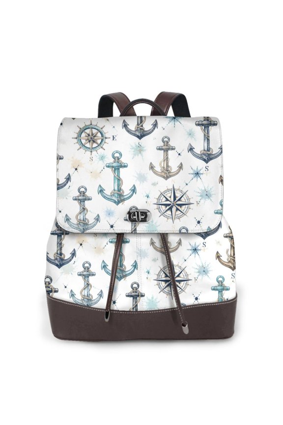 Nautical Anchor Women's Leather Backpack All-Over Print Bag for Work and Travel
