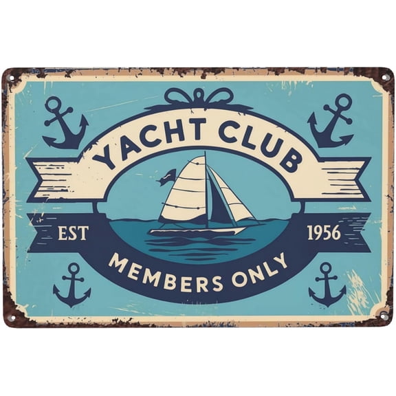 Nautical Anchor Yacht Club Metal Tin Sign, Ocean Sail Wall Decor for Coastal Living Room, 8 x 12 Inch