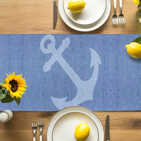 Nautical Anchor on Blue Linen Table Runner-72 Inch Long Modern Stripe Table Runners Linen Burlap Tablerunner for Kitchen Dining Room Holiday Party