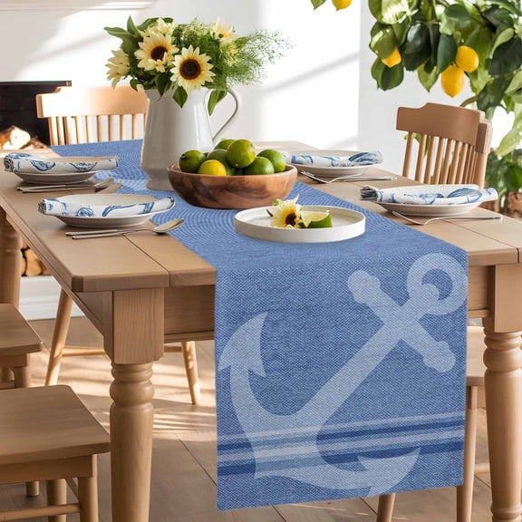Nautical Anchor on Blue Linen Table Runner-90 Inch Long Modern Stripe Table Runners Linen Burlap Tablerunner for Kitchen Dining Room Holiday Party