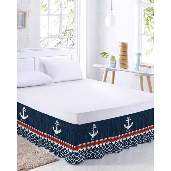 Nautical Anchorage Bed Skirt King Size 16 Inch Drop, Nautical Anchor Red Stripe Plaid Navy Blue Adjustable Elastic Dust Ruffles Bedskirt for King Bed Wrap Around Pleated Mattress Frame Cover