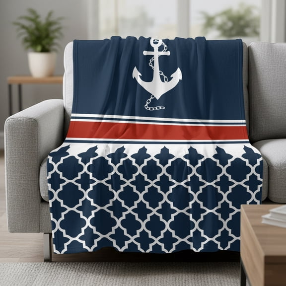 Nautical Anchorage Fleece Throw Blanket Nautical Anchor Red Stripe Plaid Navy Blue Ultra Soft Fuzzy Cozy Flannel Throw Blanket for Couch Sofa Bed Car Travel, Ideal Gifts 40x50 Inches