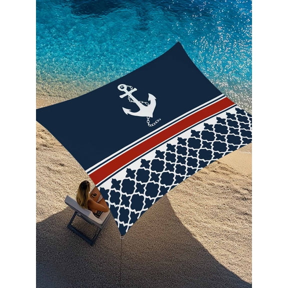 Nautical Anchorage Sun Shade Sail 6.5' x 10', Nautical Anchor Red Stripe Plaid Navy Blue Rectangle Outdoor Sunshade Canopy, Waterproof UV Block Patio Covers for Garden Yard Beach