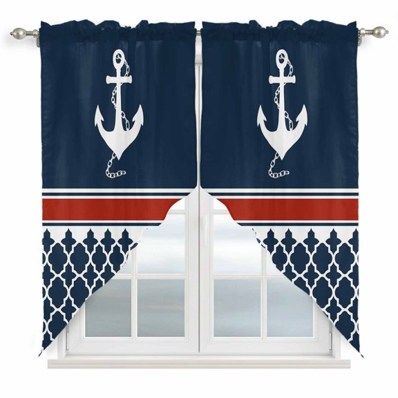 Nautical Anchorage Swag Curtain Valance for Window 2 Panels Nautical Anchor Red Stripe Plaid Navy Blue Rod Pocket Small Window Swag Valances for Kitchen Bedroom Bathroom 28" W x 36" L