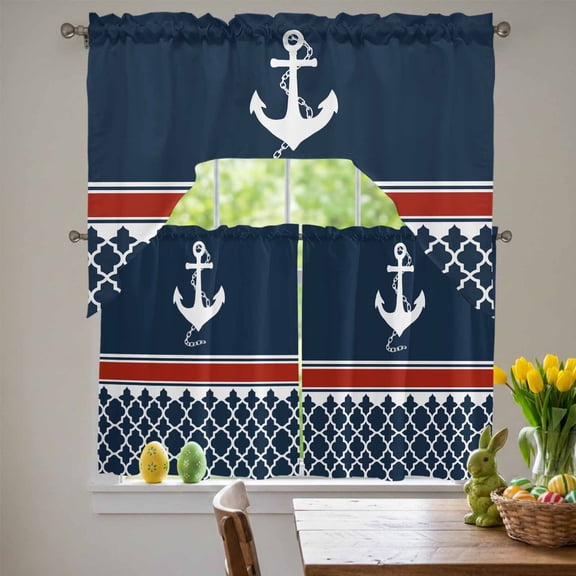 Nautical Anchorage Swag Curtains Valance & Tier Set, Nautical Anchor Red Stripe Plaid Navy Blue 3 Pcs Set Kitchen Swag Valances and Tiers 36 Inch Length Rod Pocket Curtain Drapes for Bedroom