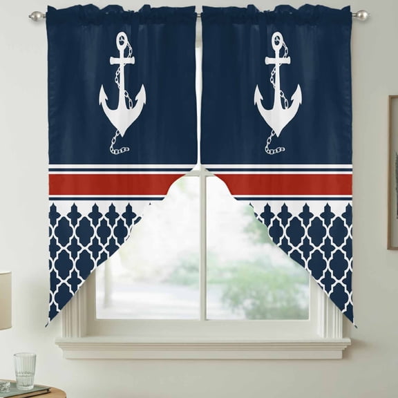 Nautical Anchorage Swag Kitchen Curtain Valances, Nautical Anchor Red Stripe Plaid Navy Blue Rod Pocket Curtains Window Treatment Decor Valances for Bedroom Bathroom, 2 Panels 36 x 63 Inch