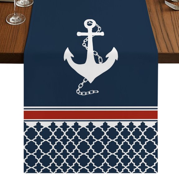 Nautical Anchorage Table Runner 48 Inches Long, Nautical Anchor Red Stripe Plaid Navy Blue Cotton Linen Dining Table Runner Dresser Scarves for Home Kitchen Party Decor 13"x48"