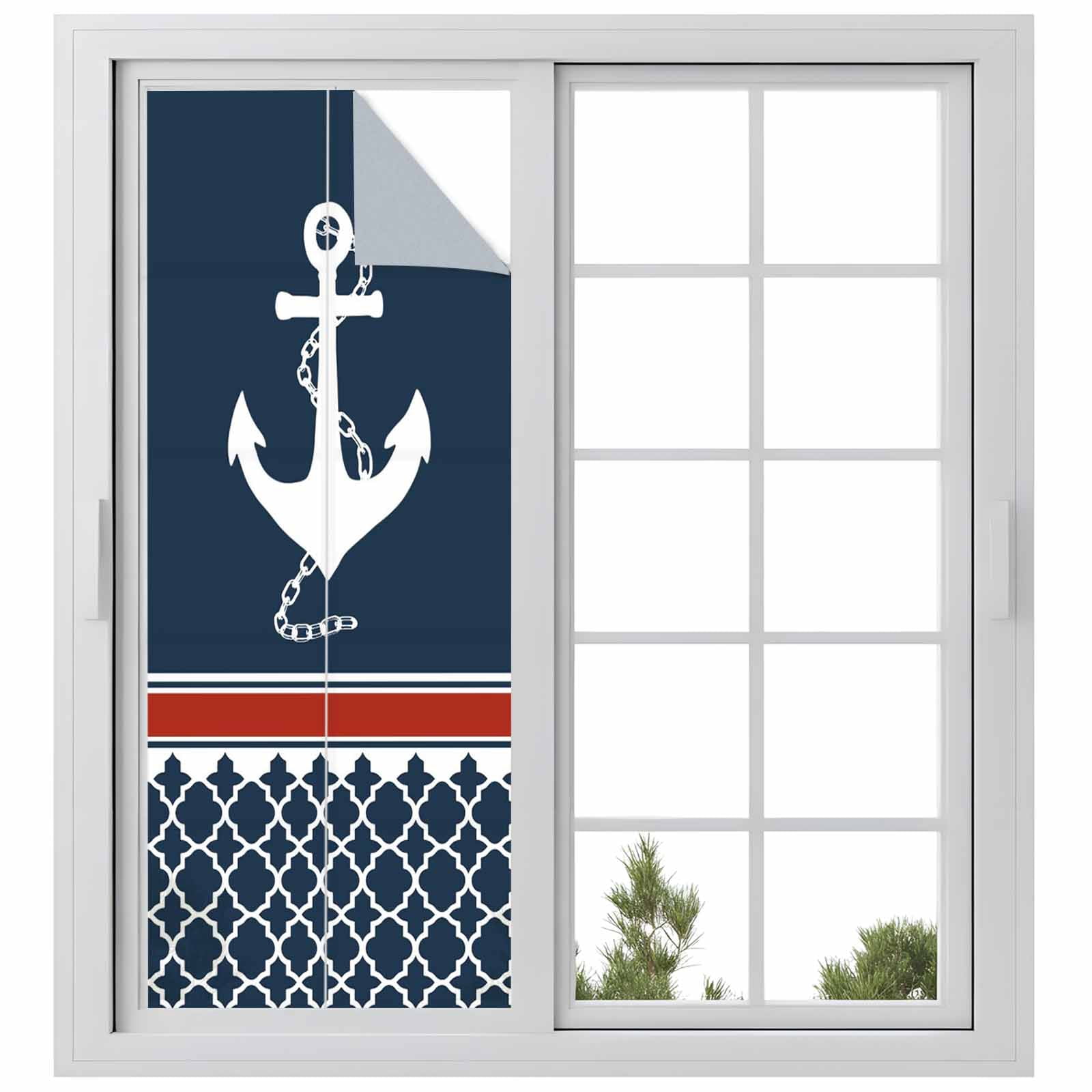 Nautical Anchorage Window Privacy Film, Nautical Anchor Red Stripe Plaid Navy Blue Frosted Glass Window Clings Static Cling UV Heat Blocking Reusable Door Sticker for Bathroom 23.6 x 59 Inch