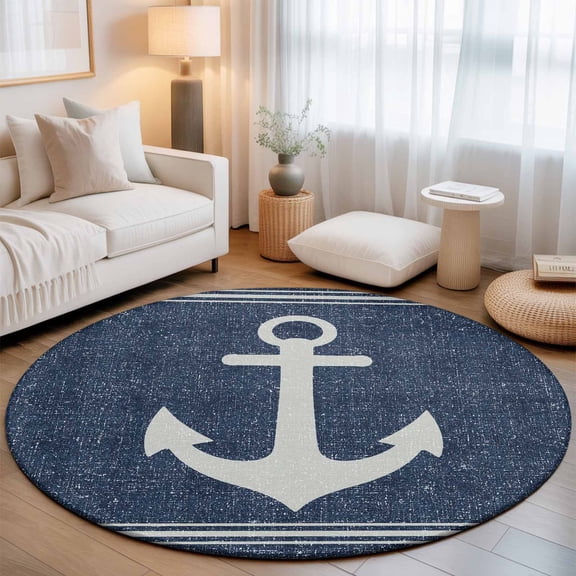 Nautical Anchors 3.3' Round Rug for Bedroom Reading Corner, Coastal Navy Blue Background Casual Linen Texture Washable Non Slip Circle Area Rug for Living Room