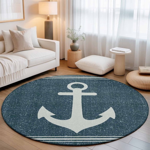 Nautical Anchors 3.3' Round Rug for Bedroom Reading Corner, Coastal Teal Blue Background Casual Linen Texture Washable Non Slip Circle Area Rug for Living Room