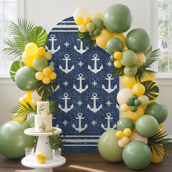 Nautical Anchors Arch Backdrop Cover, 4FT, Coastal Navy Blue Background Line Border Spandex Arch Covers Double-Sided Backdrop for Wedding Birthday Party Photo Background Decoration