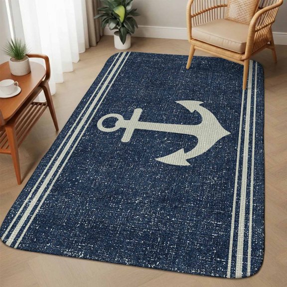 Nautical Anchors Area Rugs for Living Room 5x6, Coastal Navy Blue Background Casual Linen Texture Washable Area Rug with Non Slip Backing, Stain Resist Linen Carpet for Bedroom, Dining Room, Entrance