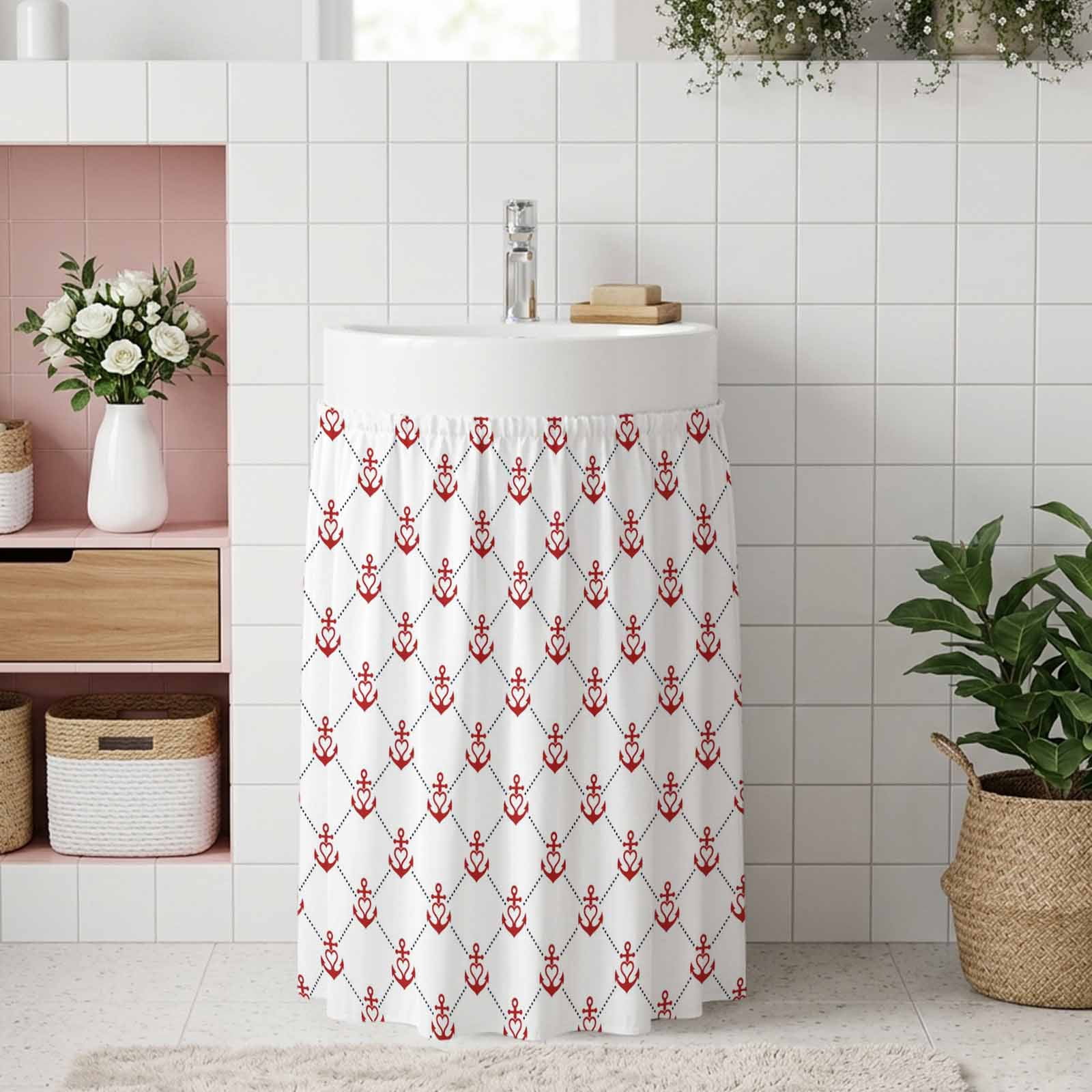 Nautical Anchors Cabinet Curtains 10"W x 11"L, Red Coastal Scandinavian ...